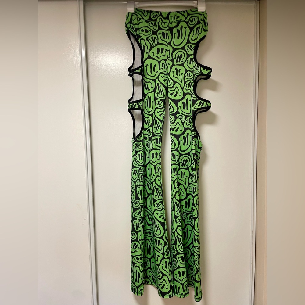 iHeartRaves Green Smiley Cut Out Flare Pants